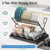 2-layer bowl and dish drying rack with bowl, cup, and basin holder, foldable bowl and dish drain rack, suitable for kitchen countertops, rust proof ta